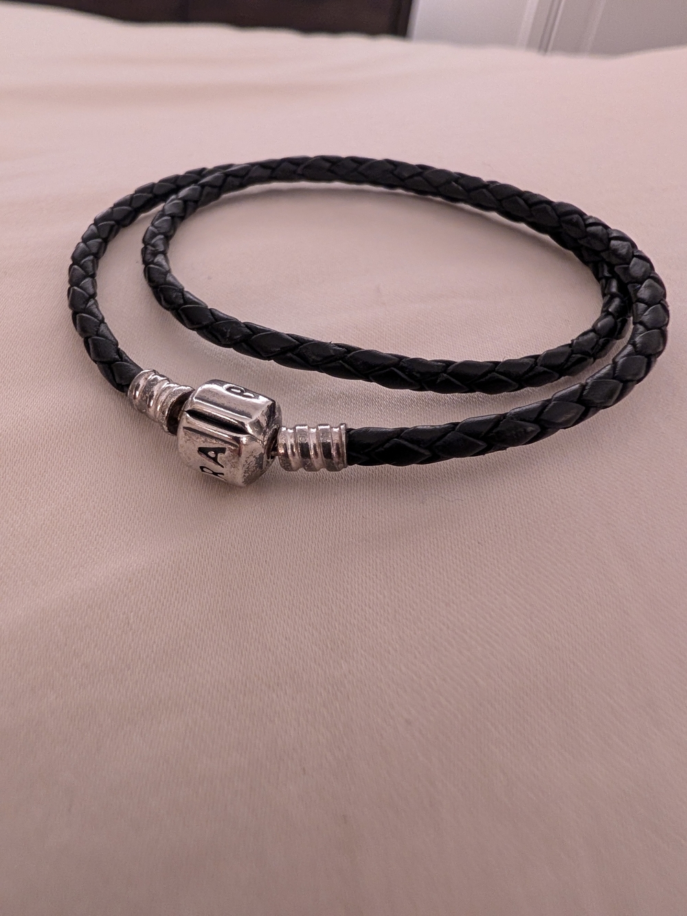 Pandora Black Braided Leather Double Wrap Bracelet with Silver Bead Clasp